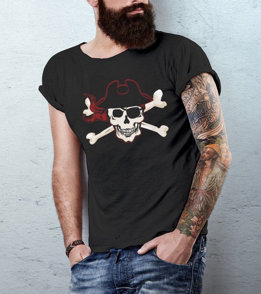 Pirate Skull And Crossbones With Black Hat And Red Bandana T-Shirt