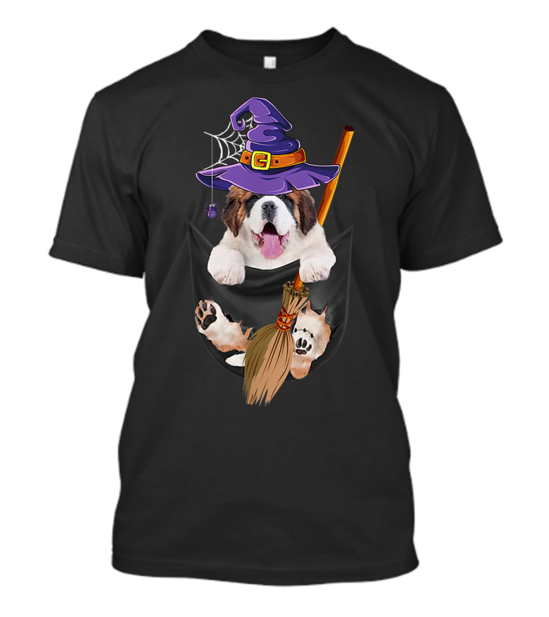 Saint Bernard Dog In Witch Hat With Broom And Spider Web T-Shirt