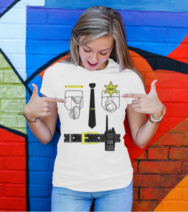 Police Uniform Sheriff Badge Handcuffs Sunglasses Radio Belt Tie T-Shirt