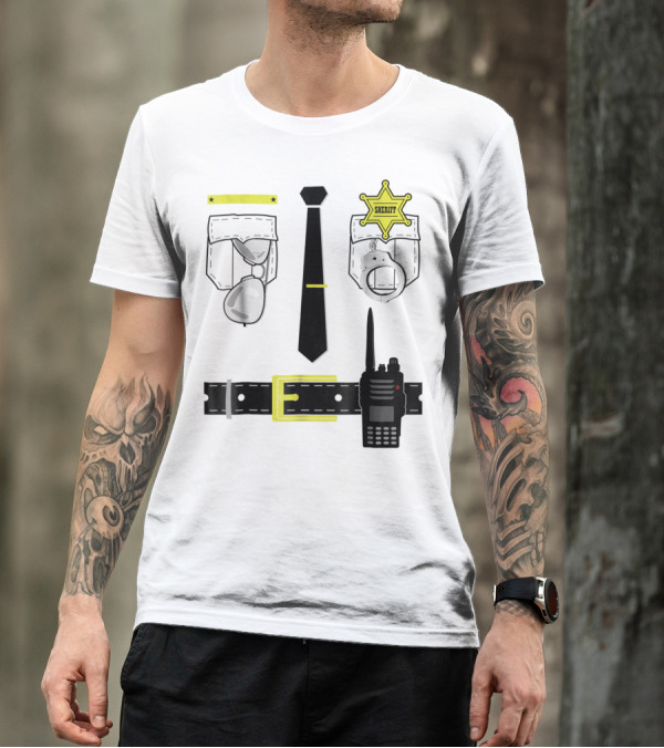 Police Uniform Sheriff Badge Handcuffs Sunglasses Radio Belt Tie T-Shirt
