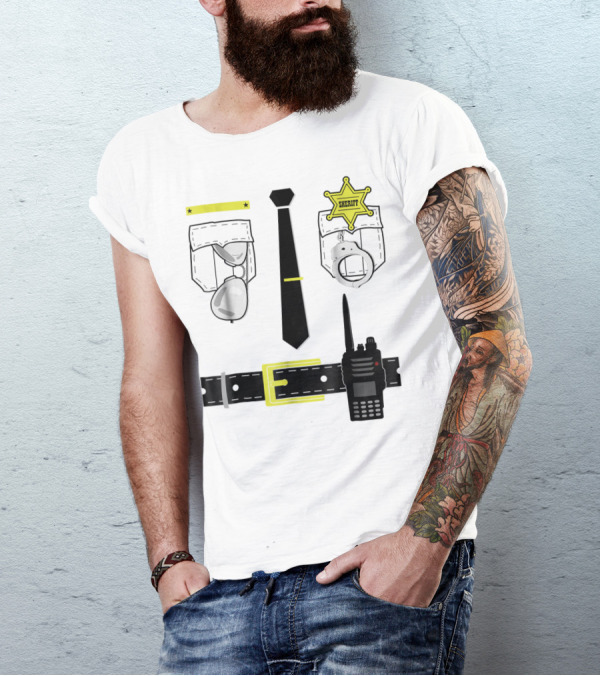 Police Uniform Sheriff Badge Handcuffs Sunglasses Radio Belt Tie T-Shirt