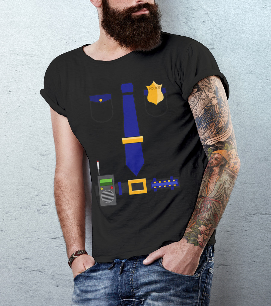 Police Uniform Costume Halloween Officer Badge Radio Belt Tie Pocket T-Shirt