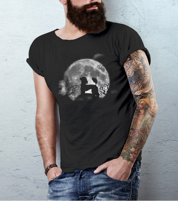Poodle And Moon Halloween Funny Dog Under Spooky Full Moon T-Shirt