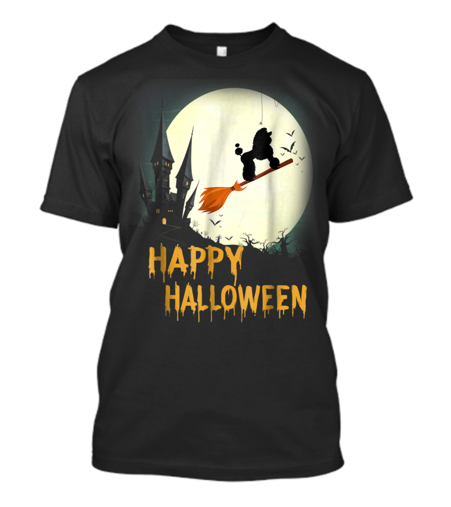 Happy Halloween Poodle Flying On Broomstick With Haunted Castle And Full Moon T-Shirt