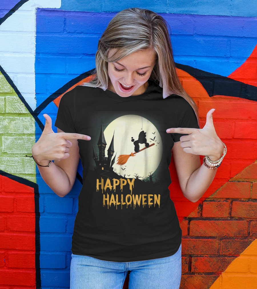 Happy Halloween Poodle Flying On Broomstick With Haunted Castle And Full Moon T-Shirt