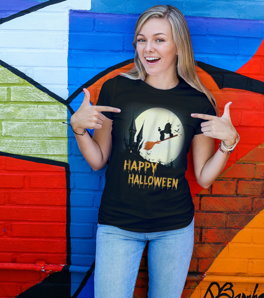 Happy Halloween Poodle Flying On Broomstick With Haunted Castle And Full Moon T-Shirt