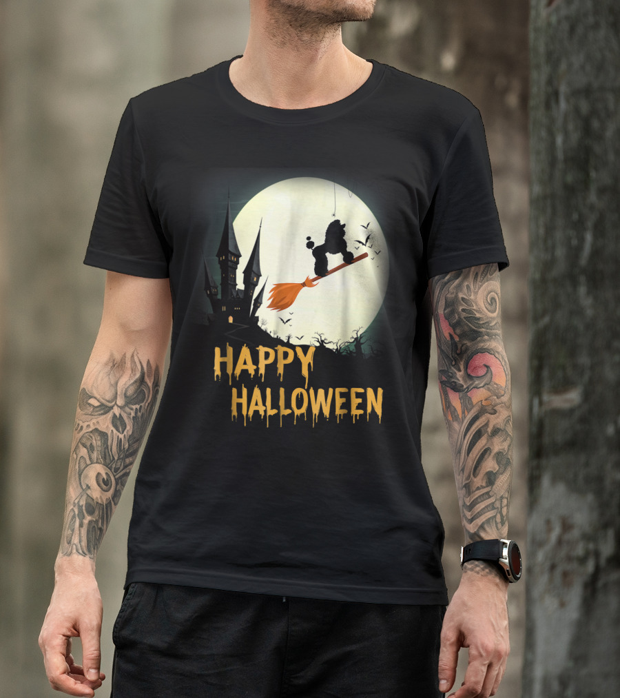 Happy Halloween Poodle Flying On Broomstick With Haunted Castle And Full Moon T-Shirt