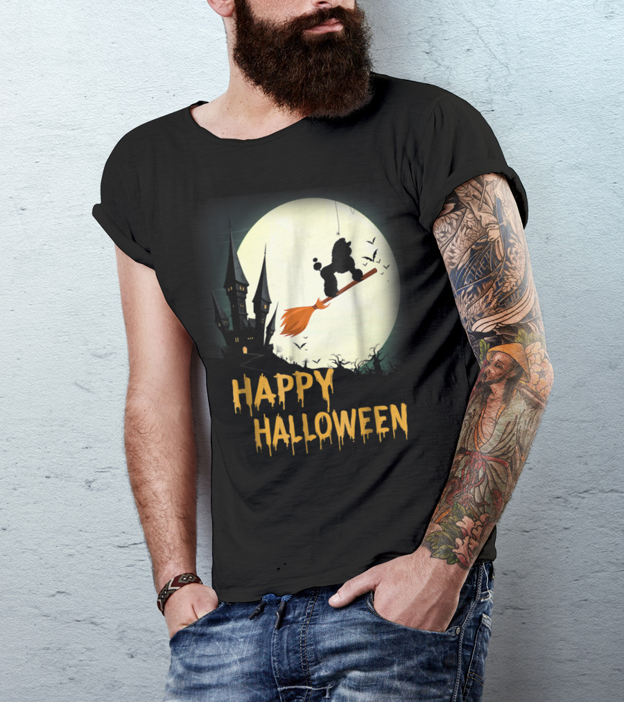 Happy Halloween Poodle Flying On Broomstick With Haunted Castle And Full Moon T-Shirt