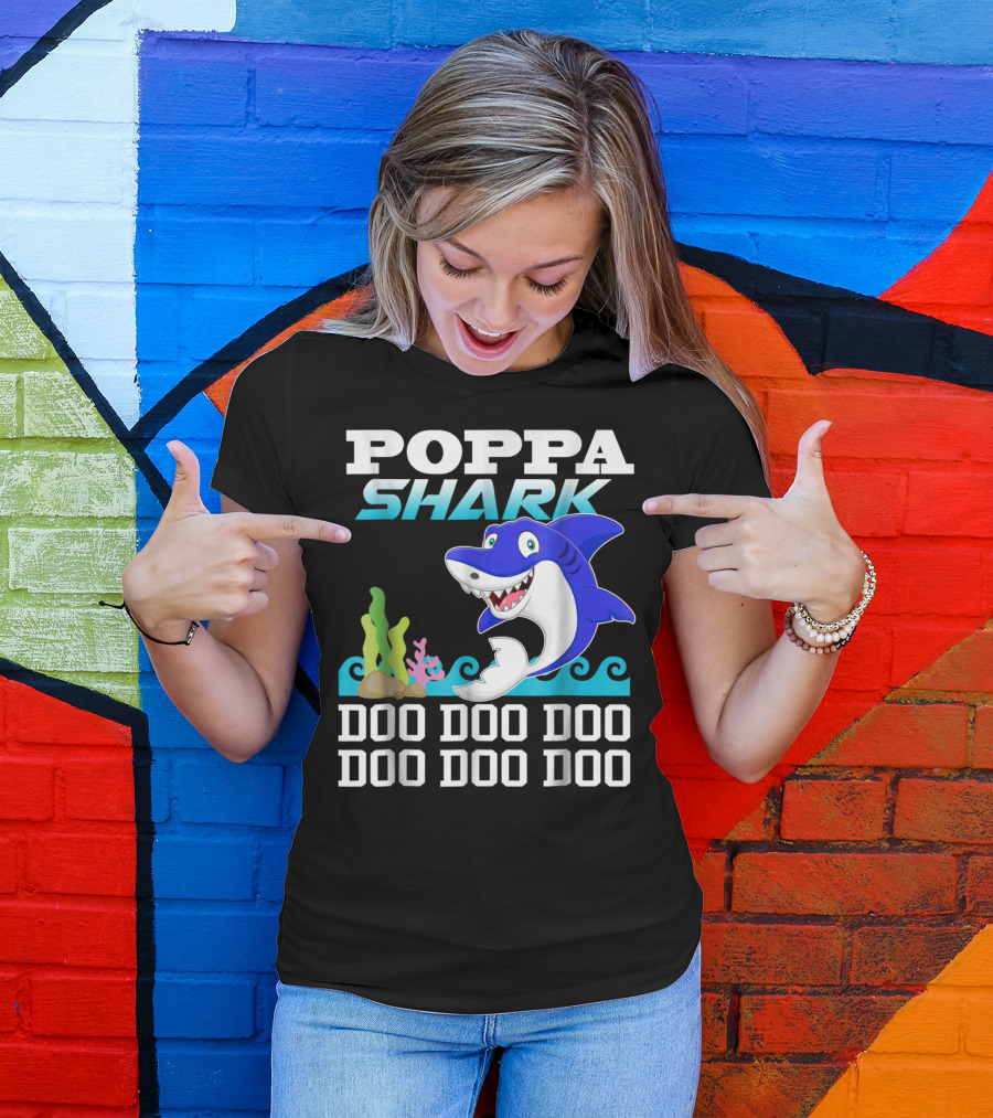 Poppa Shark Doo Doo Doo Blue Cartoon Ocean Scene T-Shirt