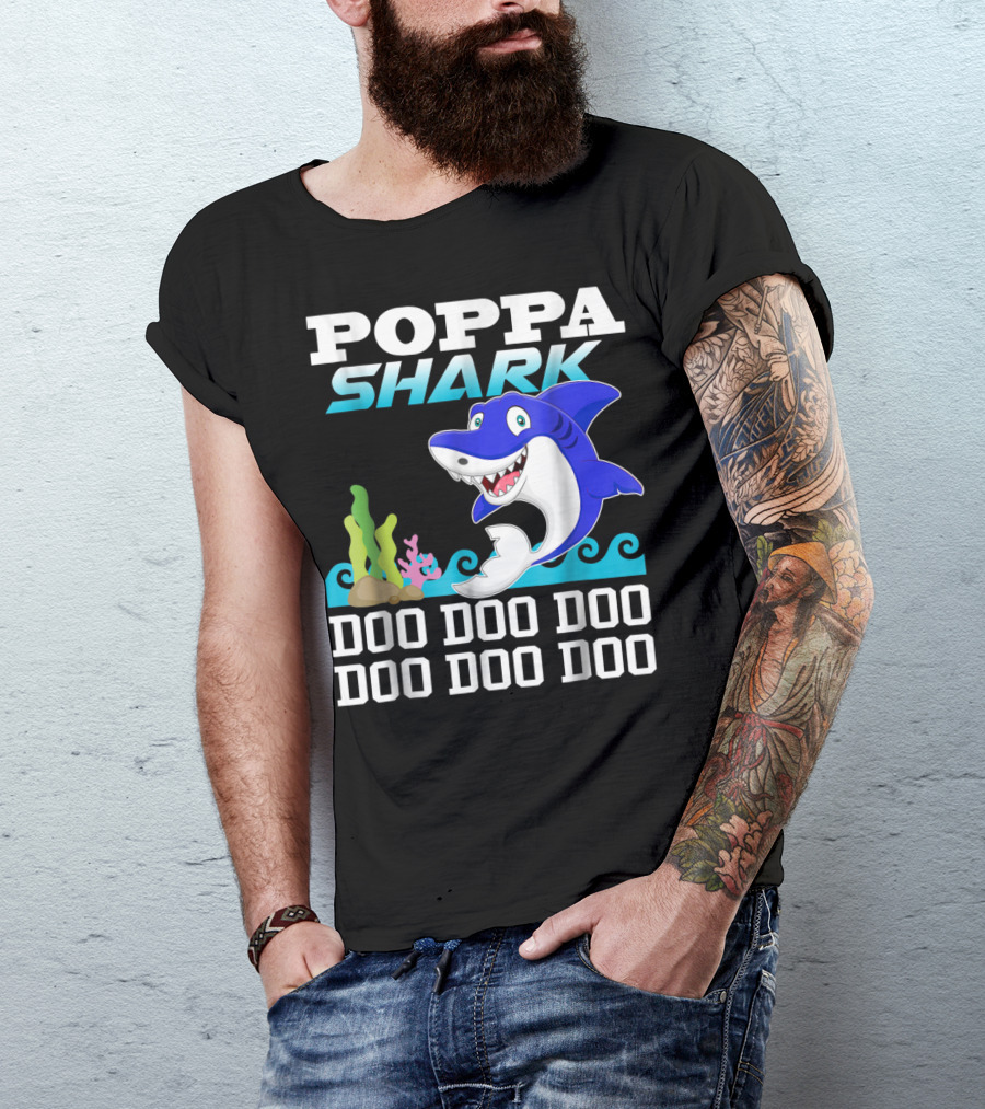 Poppa Shark Doo Doo Doo Blue Cartoon Ocean Scene T-Shirt
