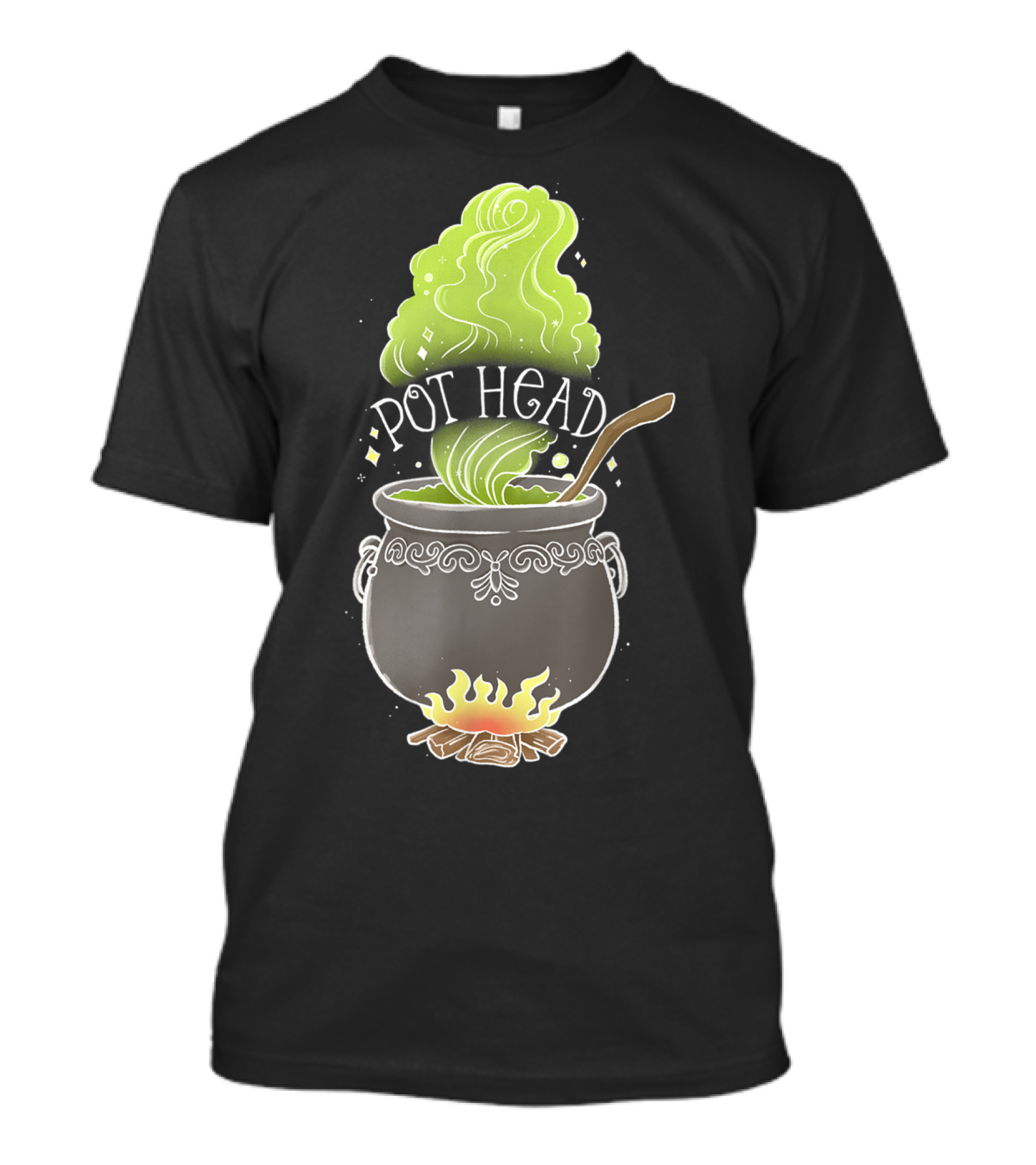 Pot Head Witch Cauldron With Green Smoke And Fire T-Shirt