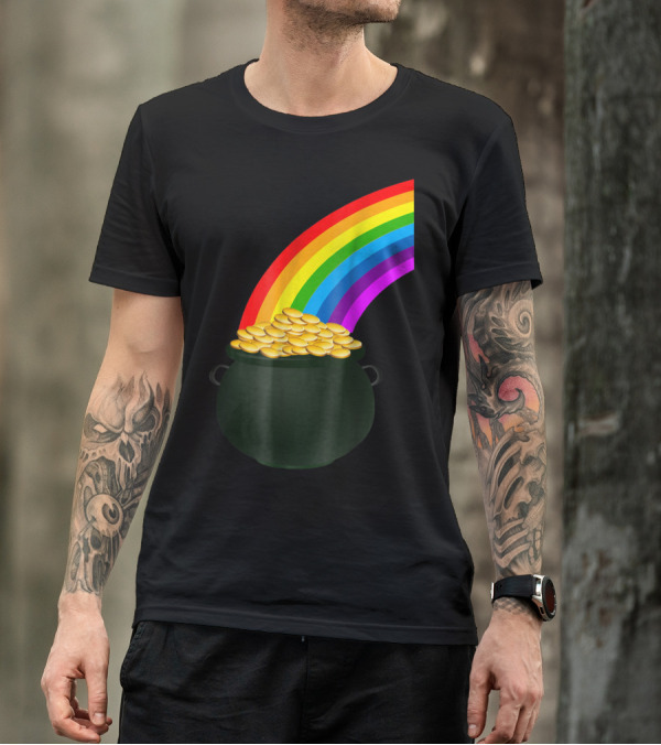 Pot Of Gold Under Rainbow With Colored Arc And Treasure Coins T-Shirt