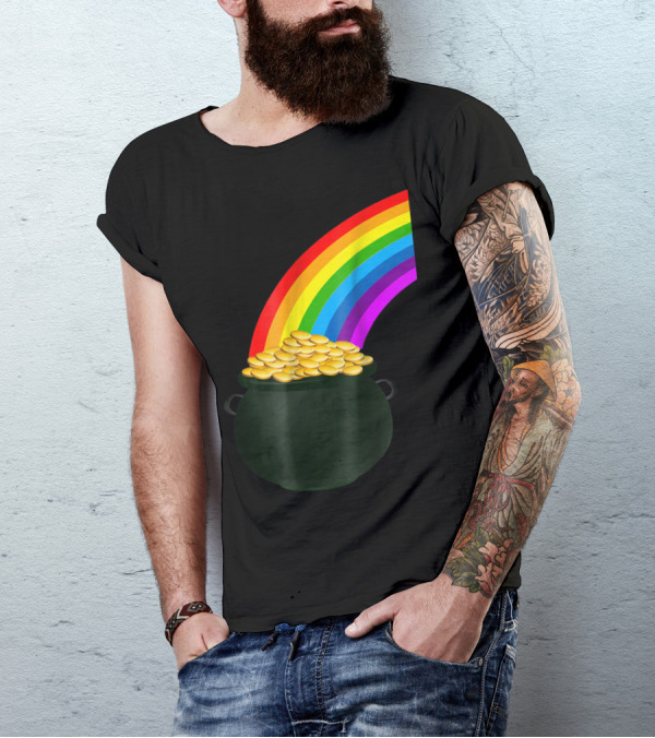 Pot Of Gold Under Rainbow With Colored Arc And Treasure Coins T-Shirt