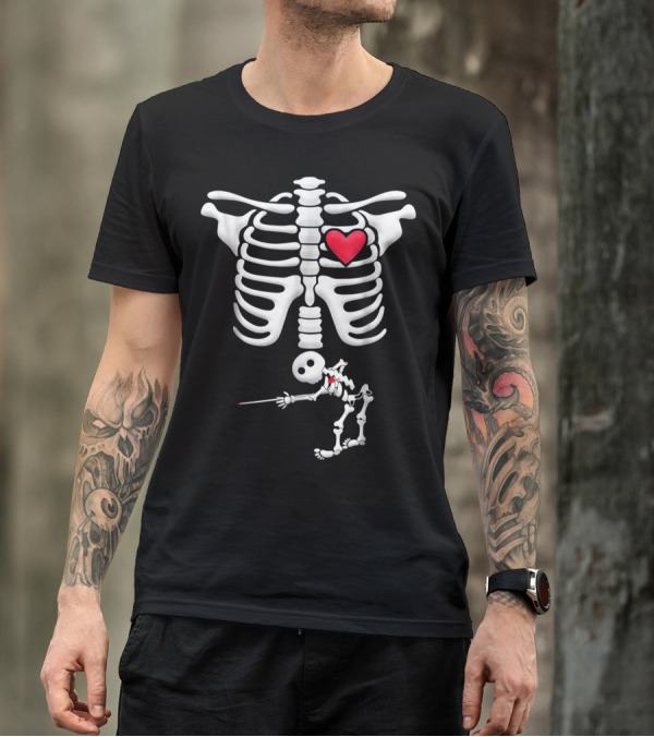 Pregnancy Skeleton Billiards Baby With Red Heart T-Shirt