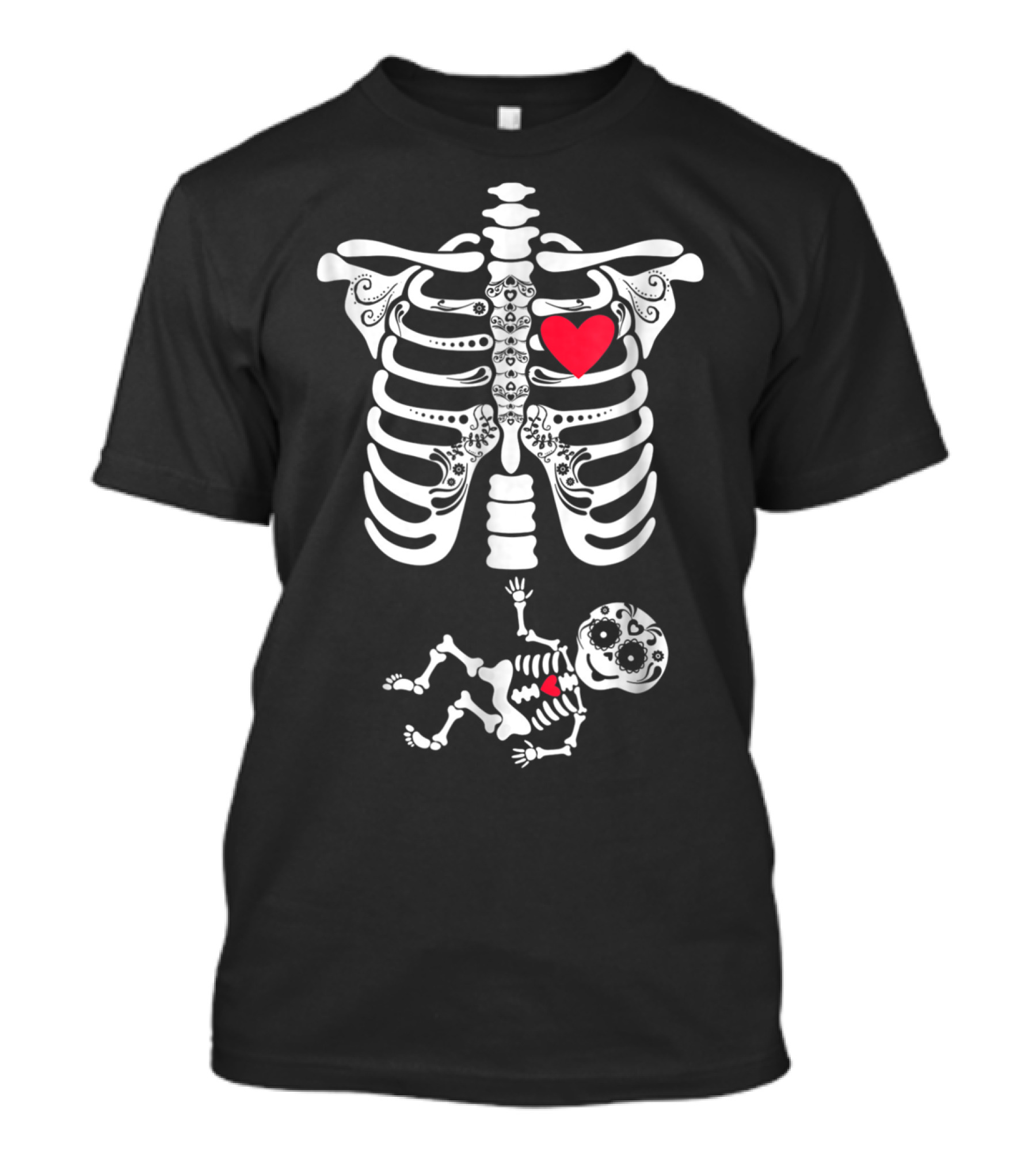 Pregnancy Skeleton Halloween Costume With Sugar Skull Baby Rib Cage Mexican Day T-Shirt