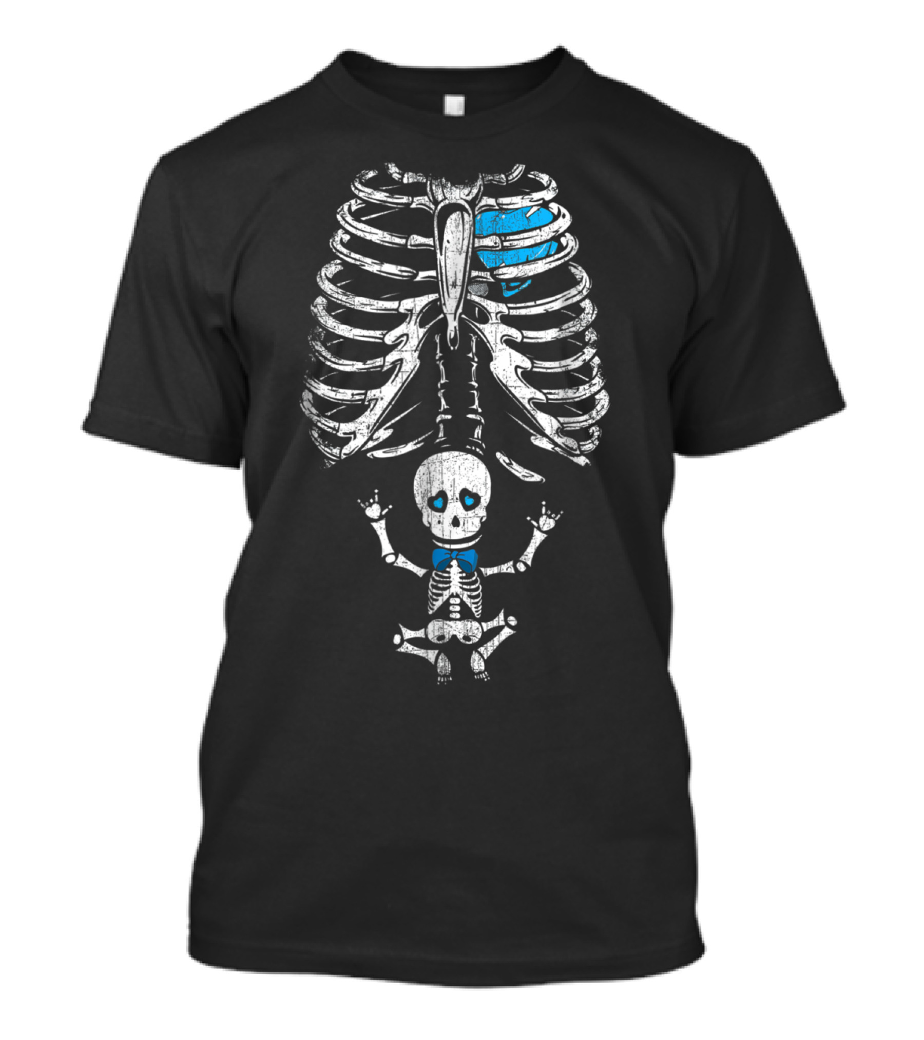 Pregnant Halloween Skeleton Baby Boy Blue Heart And Bowtie T-Shirt