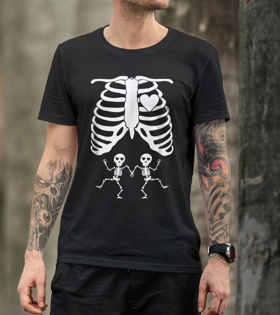 Skeletal Pregnant Mom With Twins Halloween Heart Bones T-Shirt