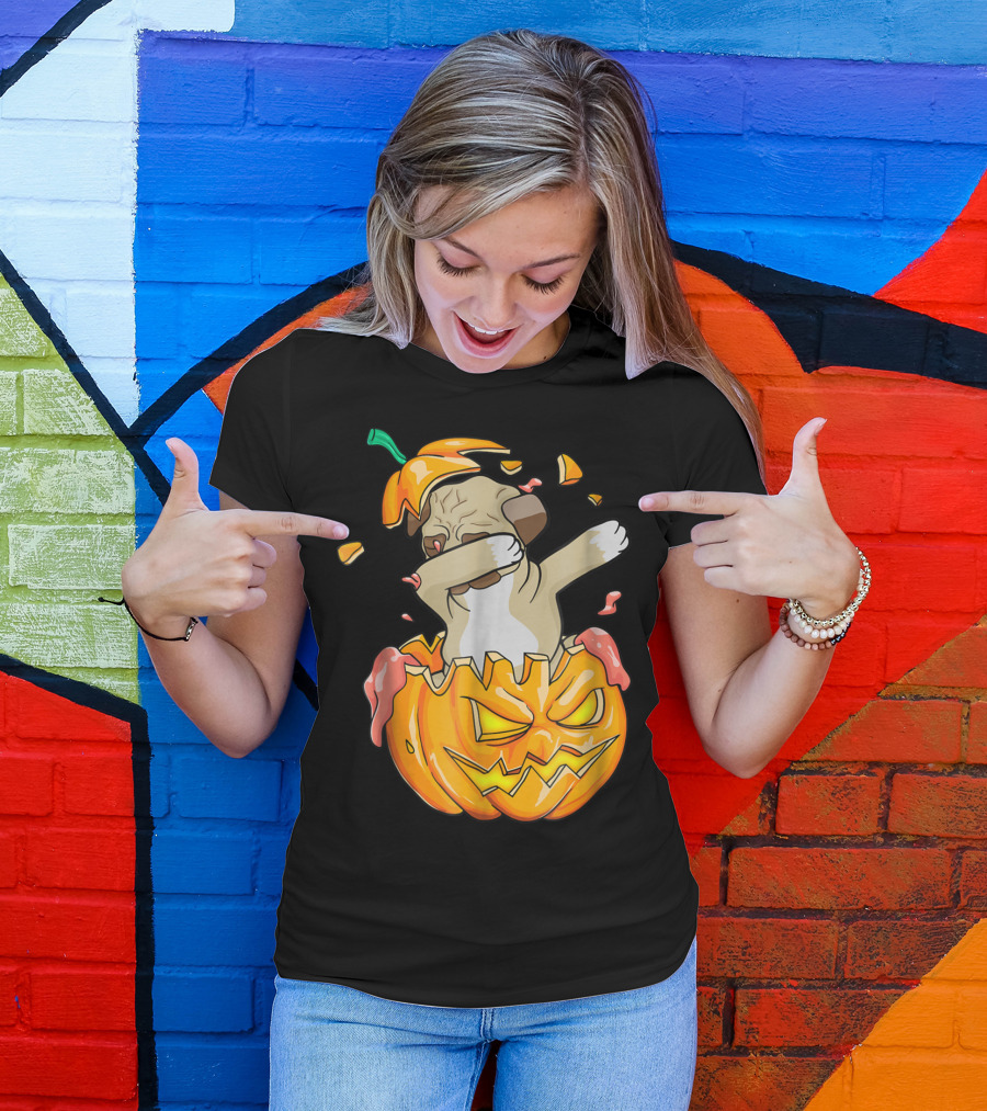 Pug Dabbing In Jack-o'-Lantern Halloween Pumpkin Dab Dance T-Shirt