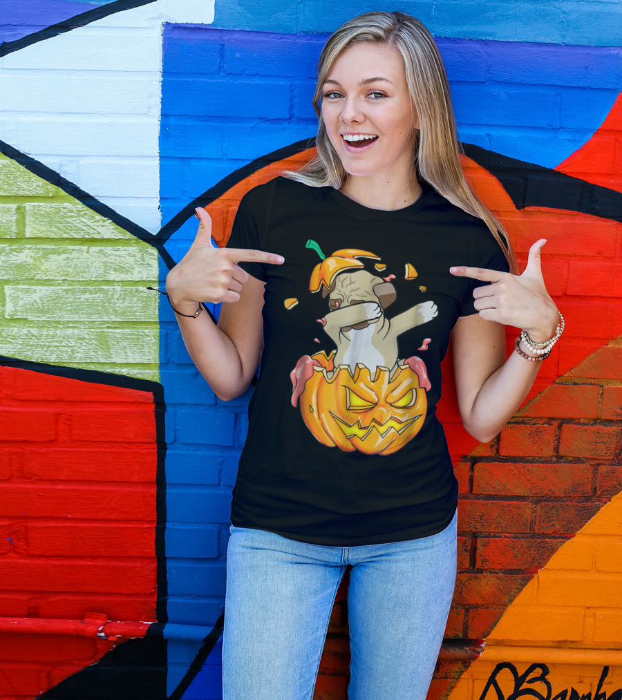 Pug Dabbing In Jack-o'-Lantern Halloween Pumpkin Dab Dance T-Shirt