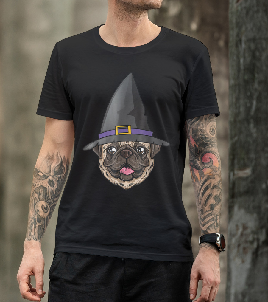 Pug Wearing Witch Hat Halloween Humor T-Shirt