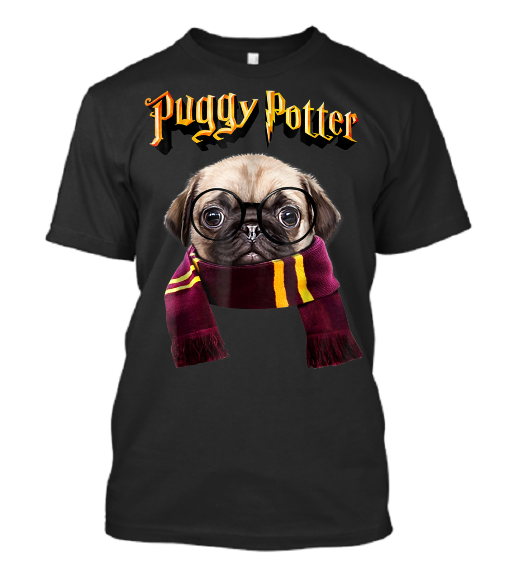 Puggy Potter Magic Wizard Pug Halloween Pug Glasses Scarf T-Shirt