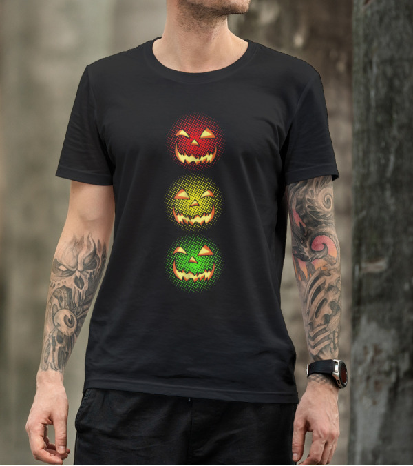 Pumpkin Face Stoplight Halloween Traffic Light Trio T-Shirt