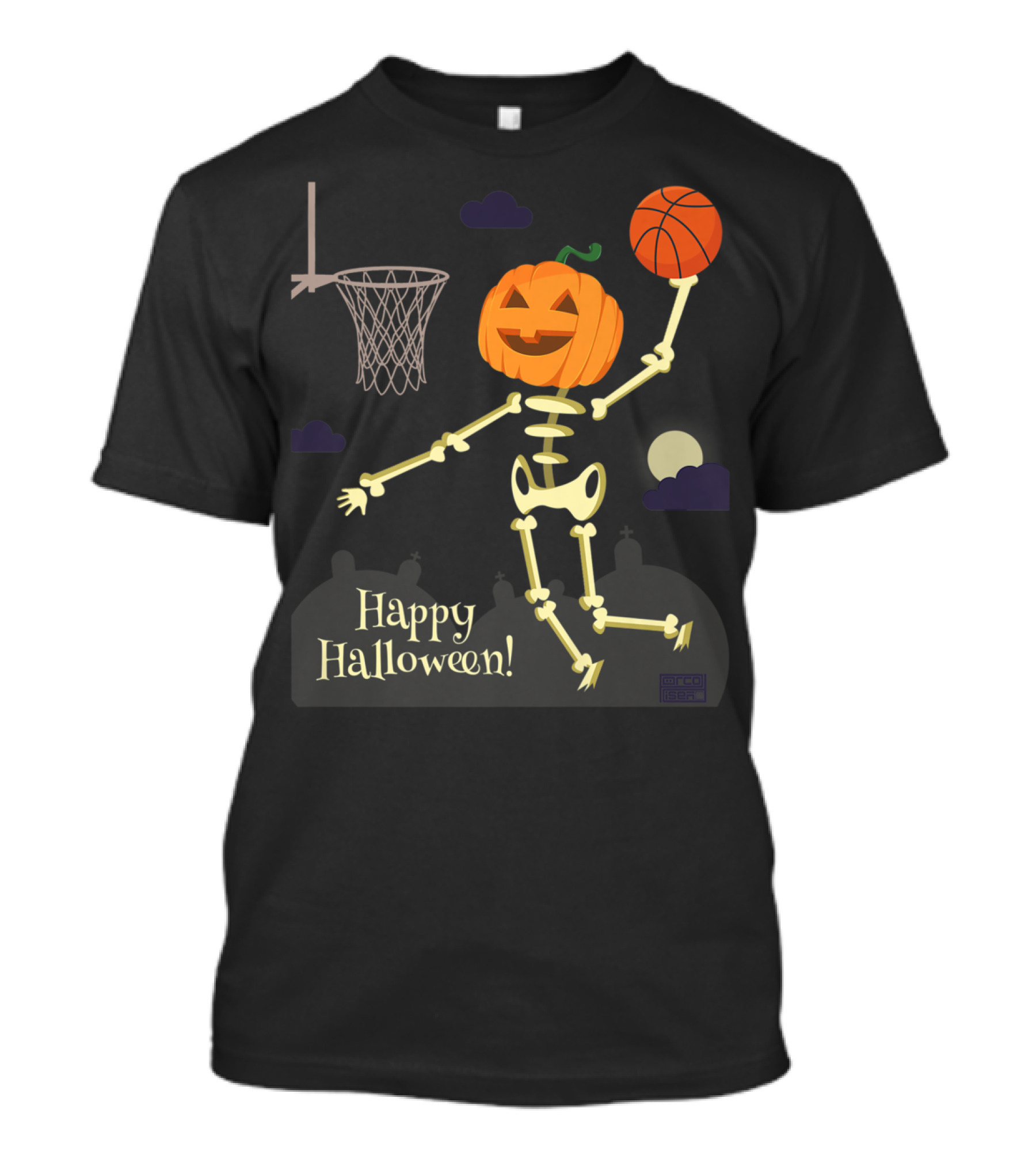 Happy Halloween Pumpkin Head Skeleton Dunking Basketball T-Shirt