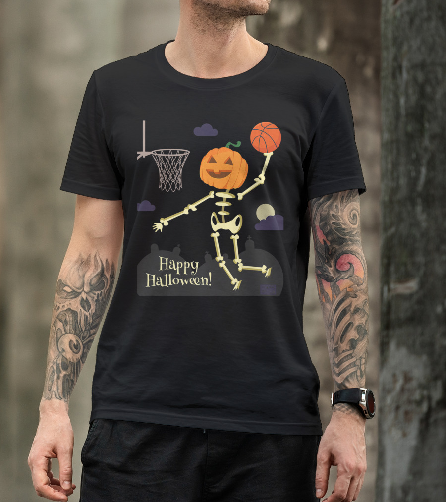 Happy Halloween Pumpkin Head Skeleton Dunking Basketball T-Shirt