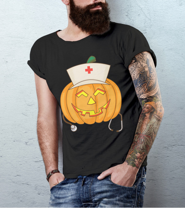Pumpkin Nurse Head Halloween Cool Nurse Squash Stethoscope Jack-O'-Lantern T-Shirt