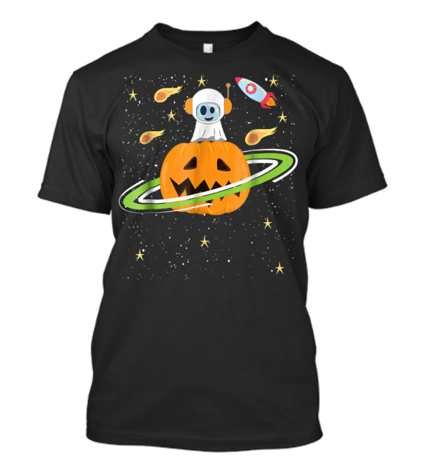 Pumpkin Planet Spaceship Astronaut With Jack-o'-Lantern And Stars T-Shirt