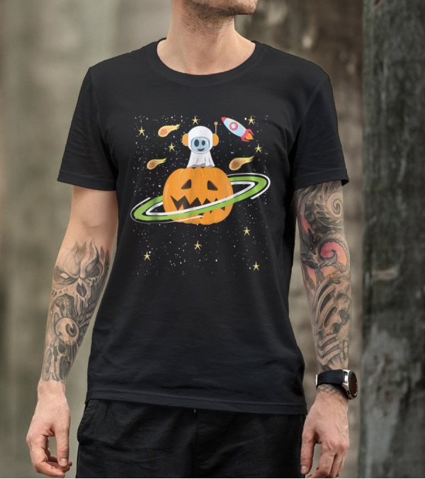 Pumpkin Planet Spaceship Astronaut With Jack-o'-Lantern And Stars T-Shirt