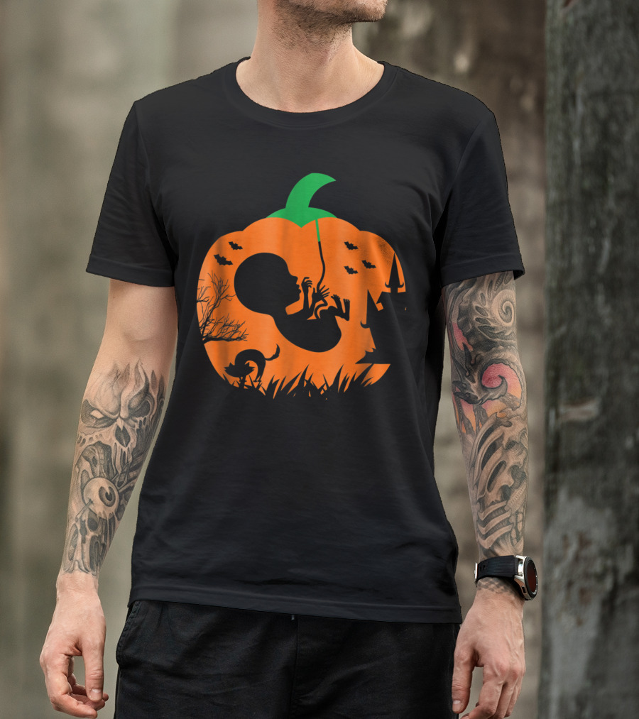Pumpkin Xray Pregnancy Announcement With Witch And Cat T-Shirt