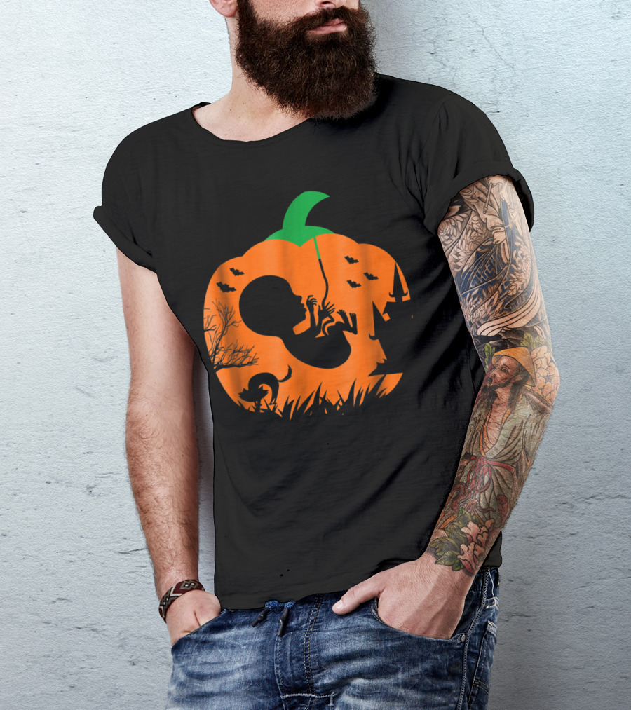 Pumpkin Xray Pregnancy Announcement With Witch And Cat T-Shirt