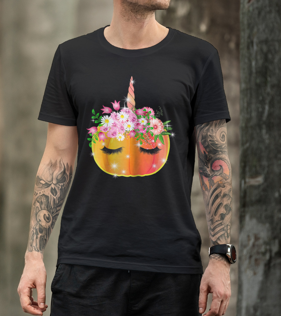 Whimsical Unipumpkin Unicorn Pumpkin With Floral Accents And Sleeping Eyes T-Shirt