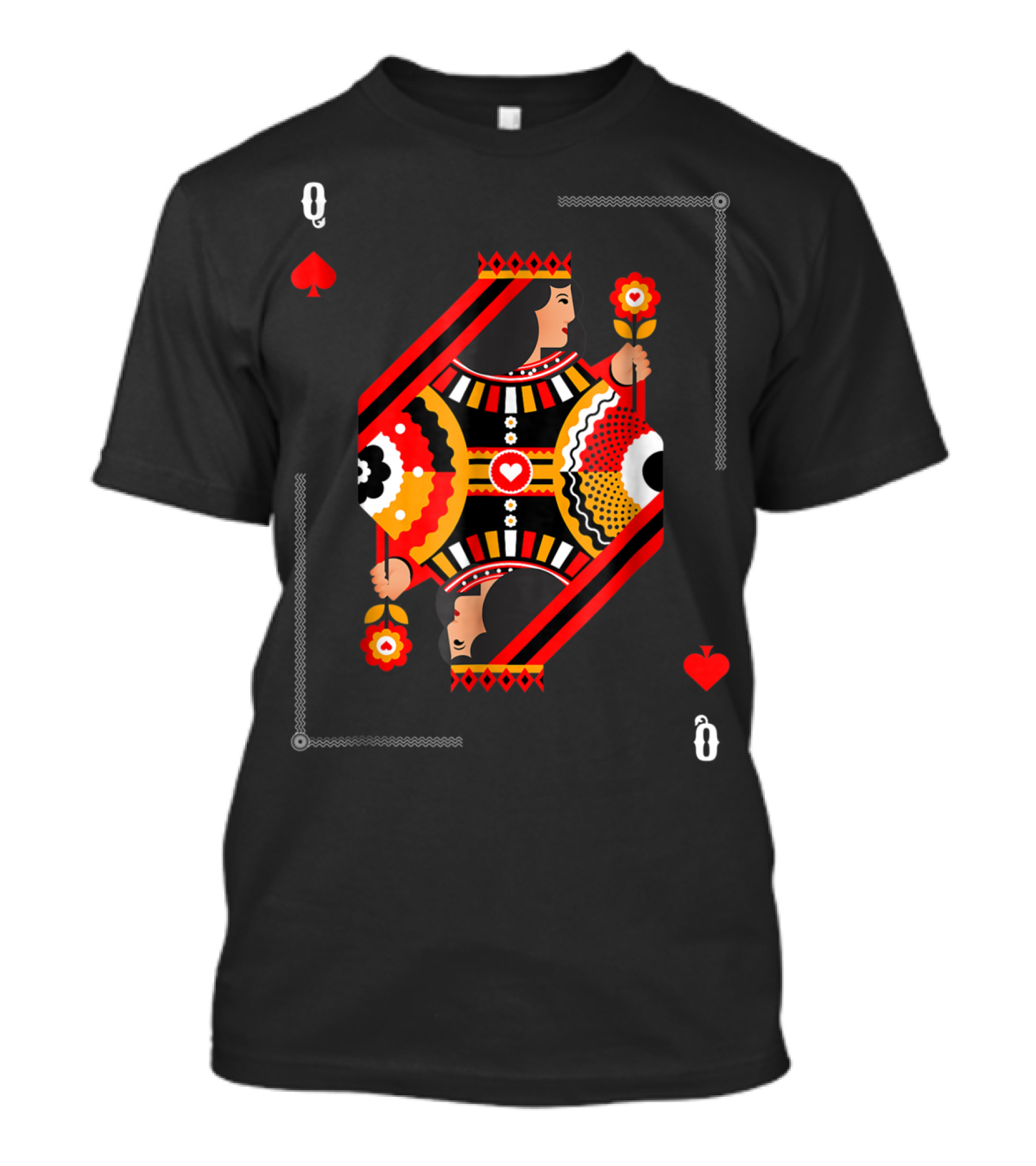 Queen Of Hearts Playing Card Pattern Red Black Yellow T-Shirt