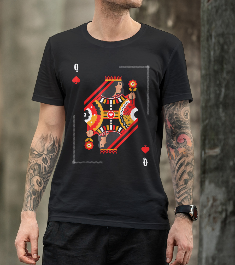 Queen Of Hearts Playing Card Pattern Red Black Yellow T-Shirt