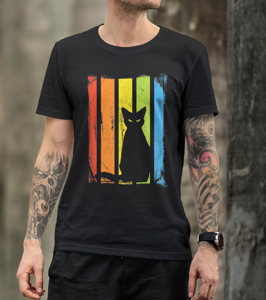 Rainbow Striped Black Cat Halloween T-Shirt