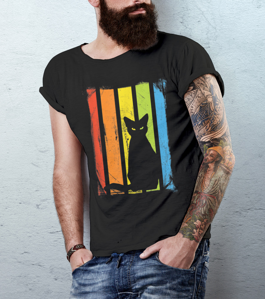 Rainbow Striped Black Cat Halloween T-Shirt