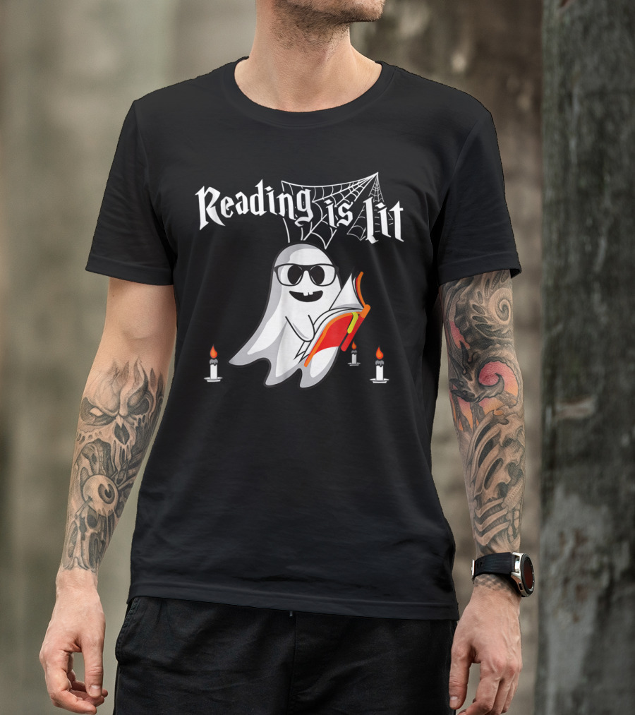 Reading Is Lit Ghost With Book And Candles Halloween T-Shirt