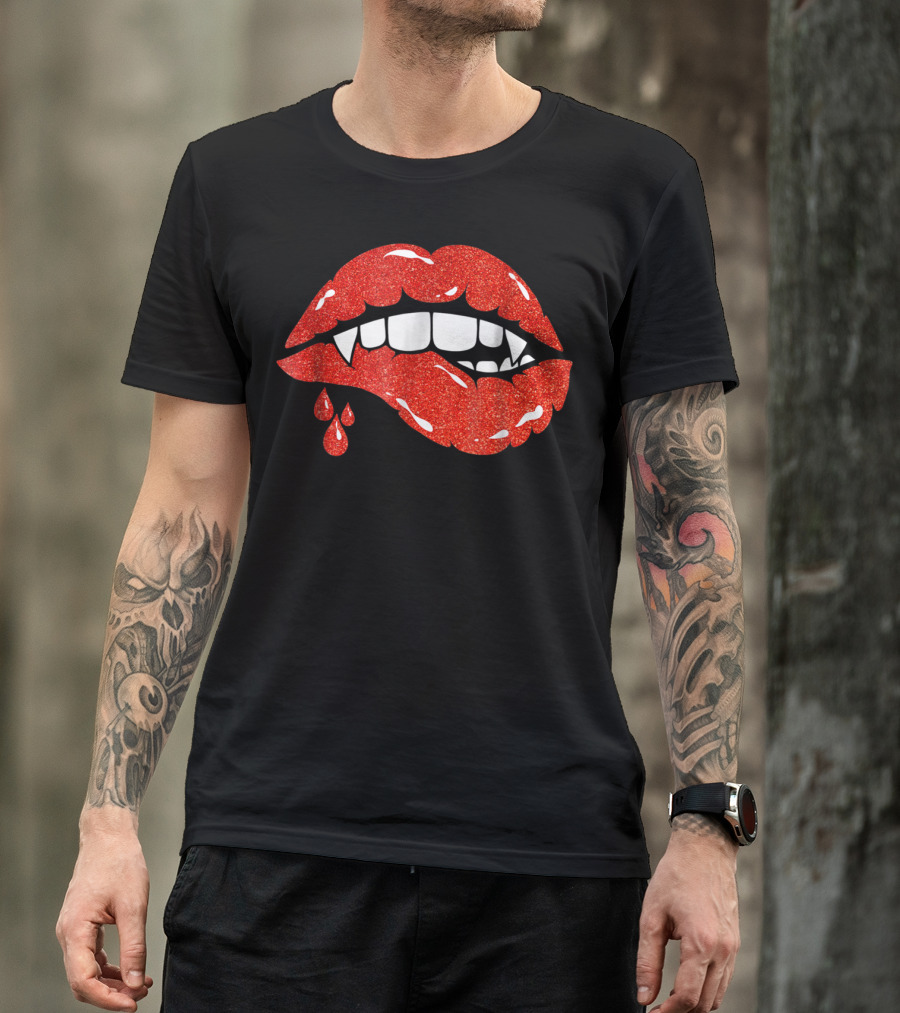Red Female Lips Vampire Fangs With Dripping Blood T-Shirt