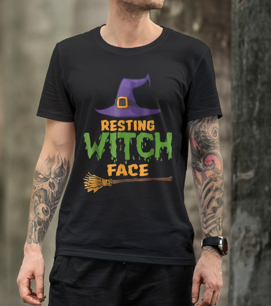 Resting Witch Face Purple Hat And Broomstick T-Shirt
