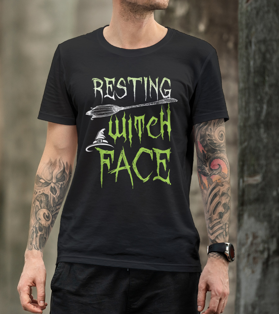 Resting Witch Face Funny Halloween Party Broomstick And Hat T-Shirt