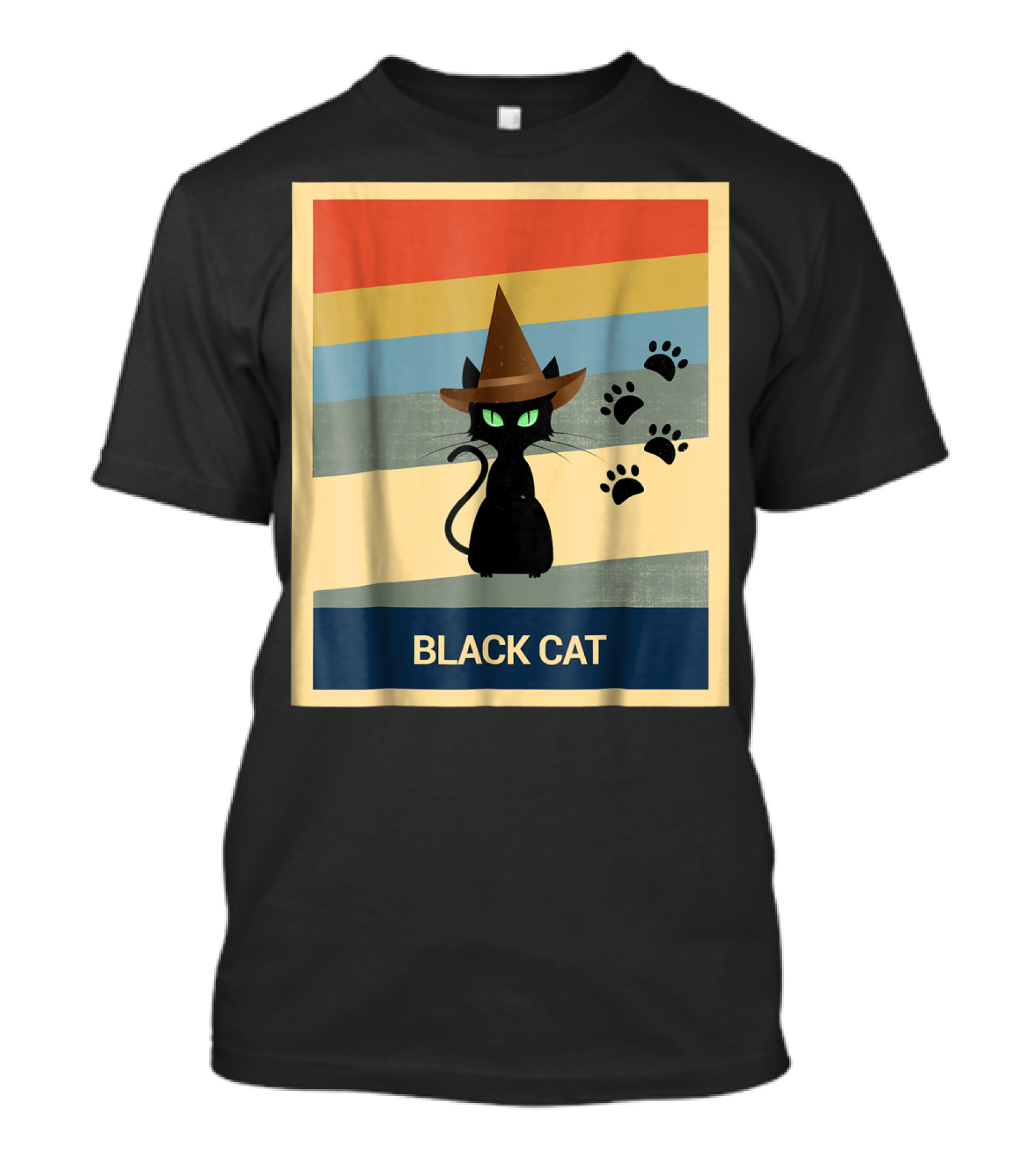Black Cat Retro Style Halloween Vintage Witch Hat And Paw Prints T-Shirt
