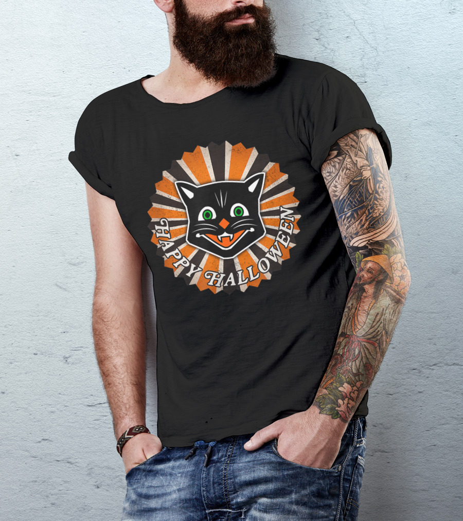 Retro Vintage Style Happy Halloween Black Cat T-Shirt