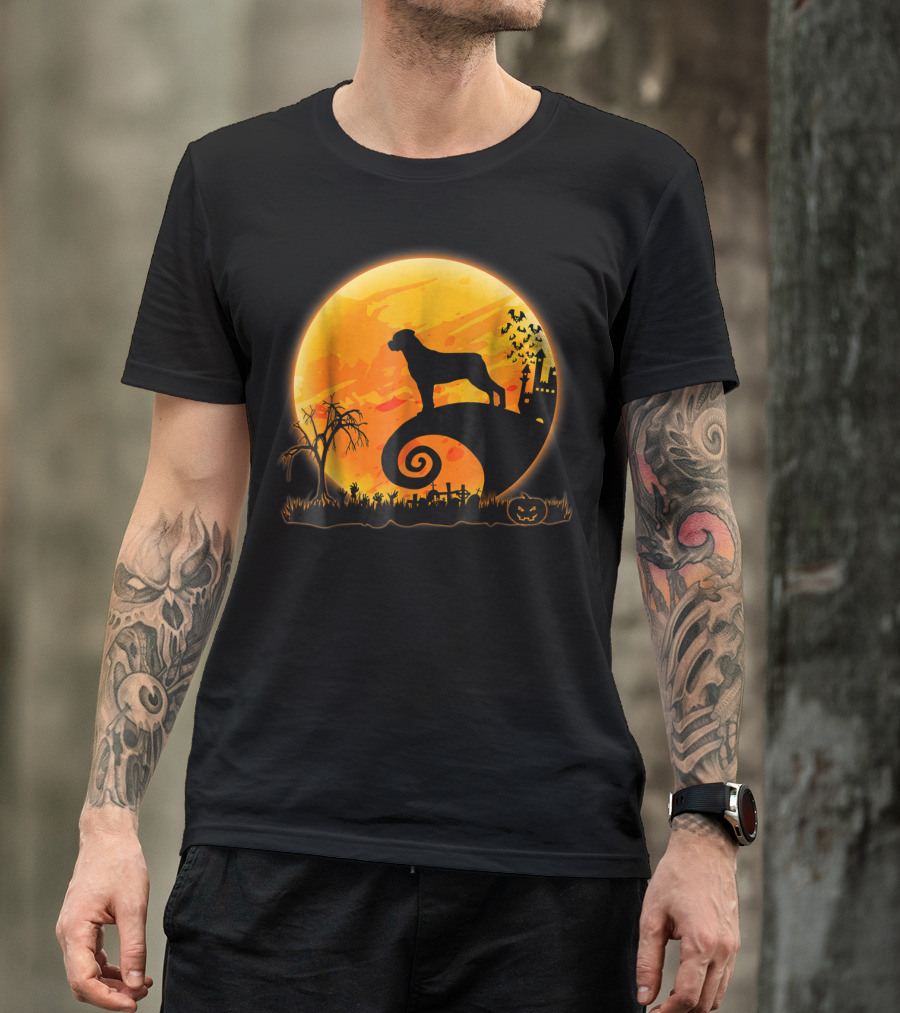 Rottweiler Dog Silhouette And Halloween Moon Scene T-Shirt
