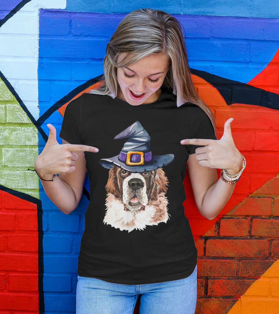 Saint Bernard Witch Hat Halloween Dog Lovers T-Shirt