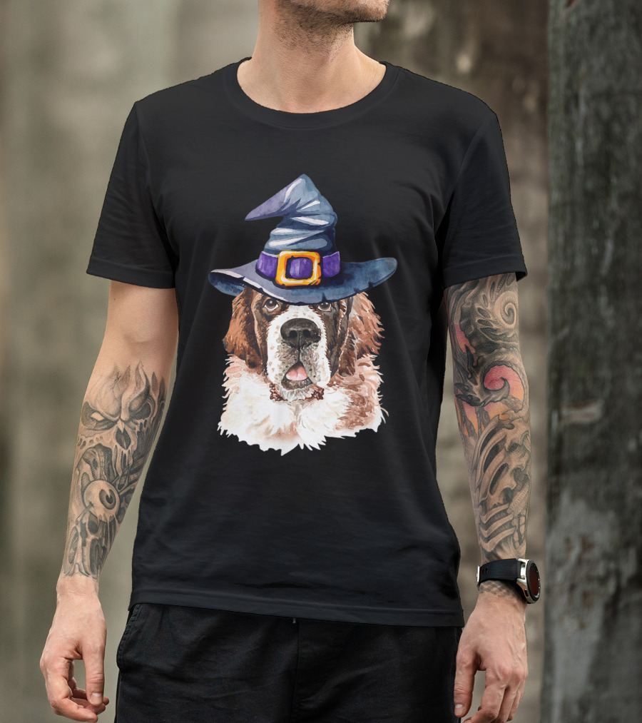 Saint Bernard Witch Hat Halloween Dog Lovers T-Shirt