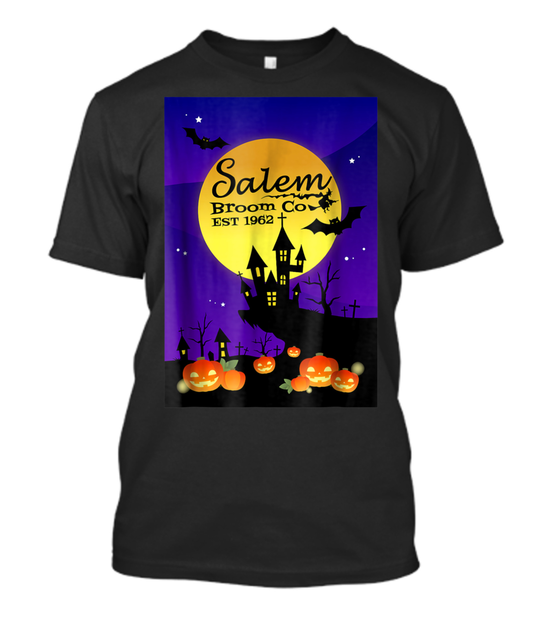Salem Broom Co EST 1962 Halloween Pumpkins And Bats Haunted House Moonlit Scene T-Shirt