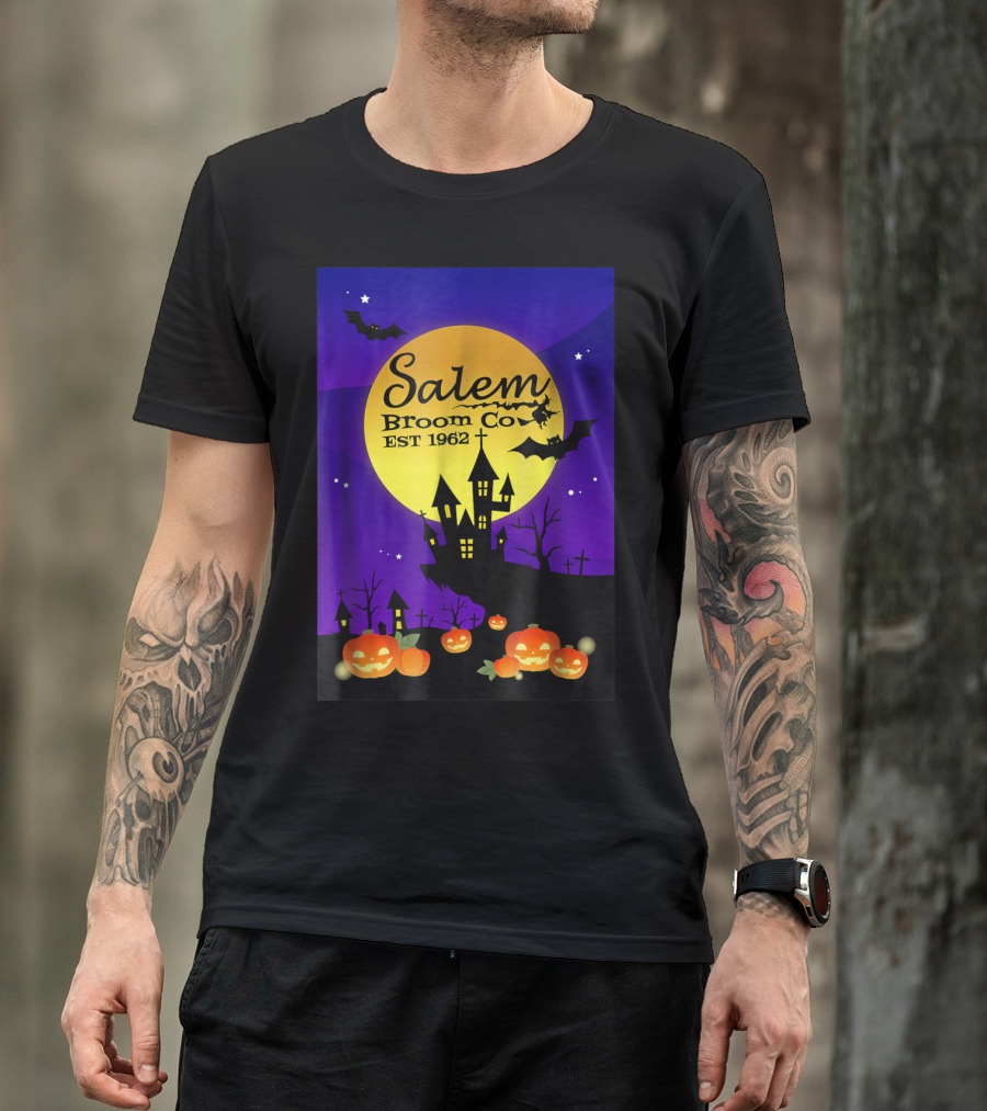 Salem Broom Co EST 1962 Halloween Pumpkins And Bats Haunted House Moonlit Scene T-Shirt
