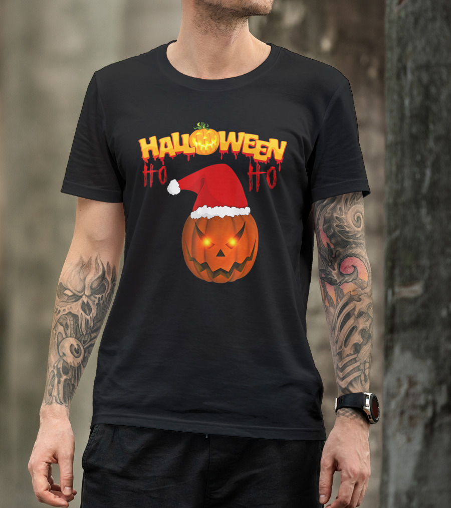 Halloween Ho Ho Pumpkin Santa Hat T-Shirt